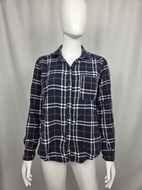Hollister Navy Plaid Button-Down Shirt with White & Pink Stripes
